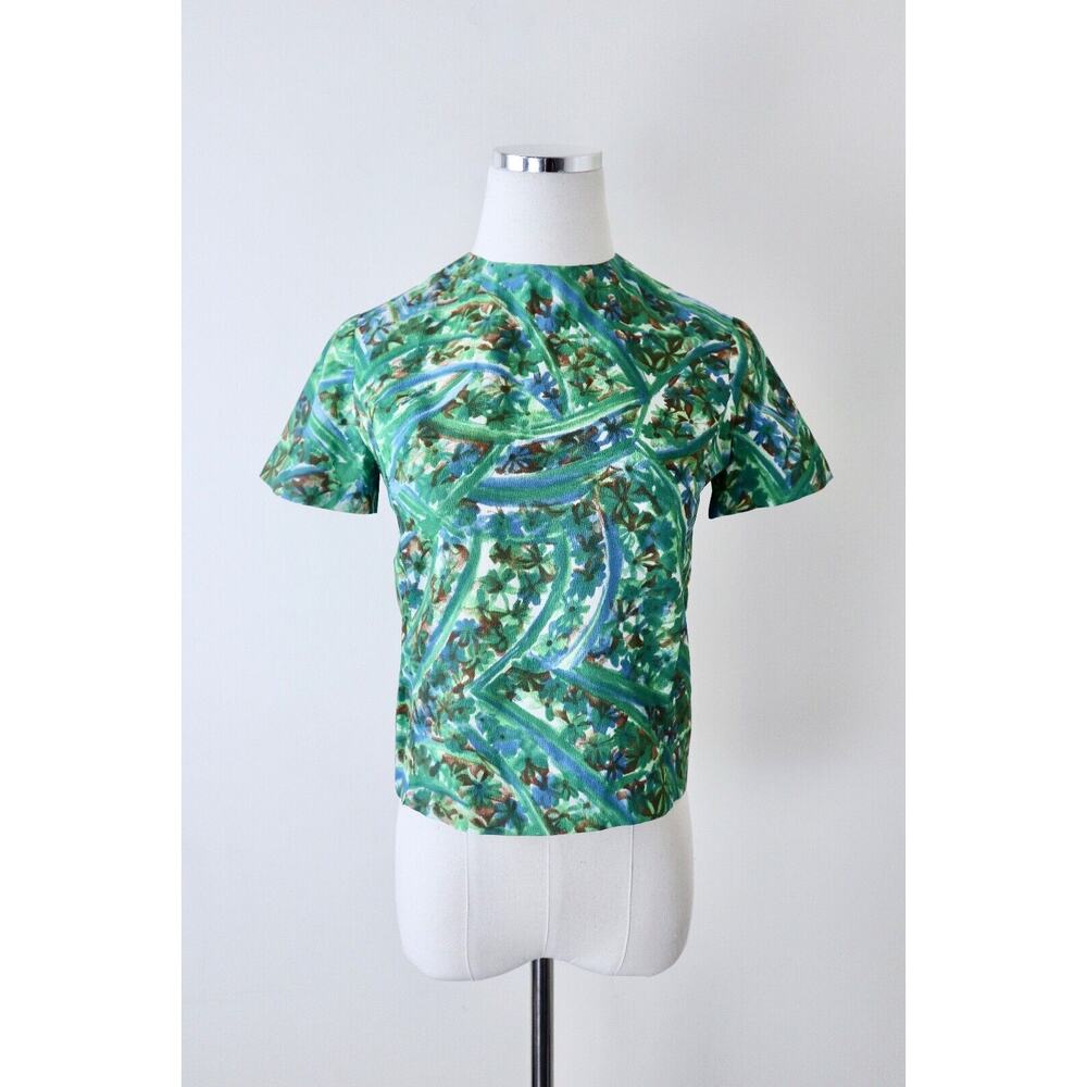 Vintage 1960s Abstract Print Short Sleeve Blouse Button Back Top Poly Crepe - Picture 2 of 10